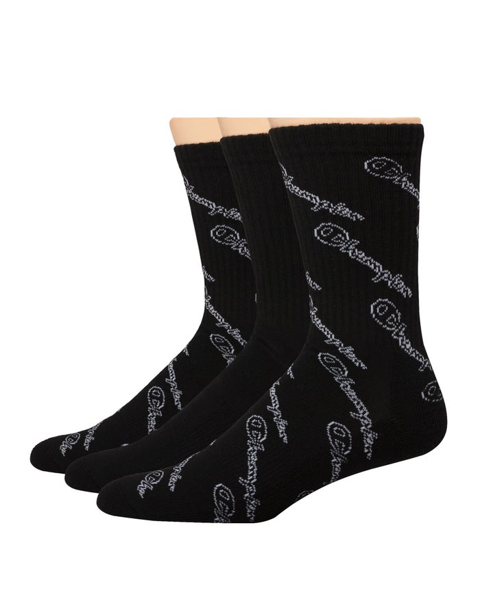 Champion Mens Socks NZ - Crew Script Logo 3-Pairs Black ( 0172-SIJWN )